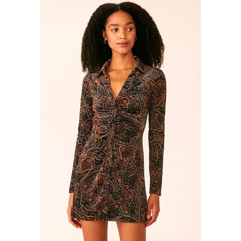 Elodie Velvet Paisley Button Down Dress Black Gold Floral Small Long Sleeve NWT